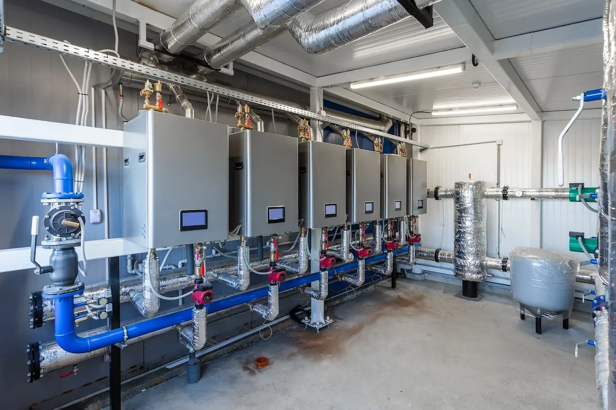 A modern industrial boiler room with several large metal control panels, insulated pipes, valves, and various gauges, all organized neatly along the walls and ceiling.