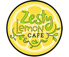 Logo for "Zesty Lemon Café" featuring stylized green and white text over a yellow lemon slice with leaves on a black background.