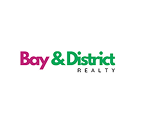 Logo with the words "Bay & District Realty." "Bay" is in pink, "& District" is in green, and "REALTY" is in smaller black letters below "District," all on a white background.