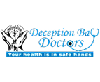 Logo for Deception Bay Doctors featuring two hands holding people, with the text "Deception Bay Doctors" and a stethoscope graphic. Below, it reads: "Your health is in safe hands" on a blue background.