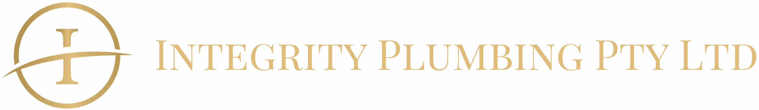 Logo for Integrity Plumbing Pty Ltd in gold text, featuring a gold circular design with the letter "I" intersected by a curved line on the left side of the company name.